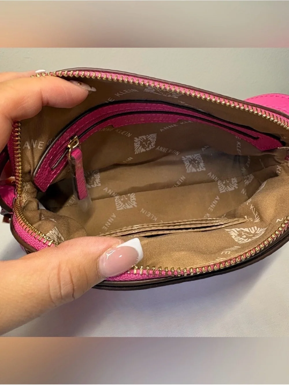 Anne Klein Hot Pink- Fuchsia Pebbled Faux Leather Crossbody with Gold Logo